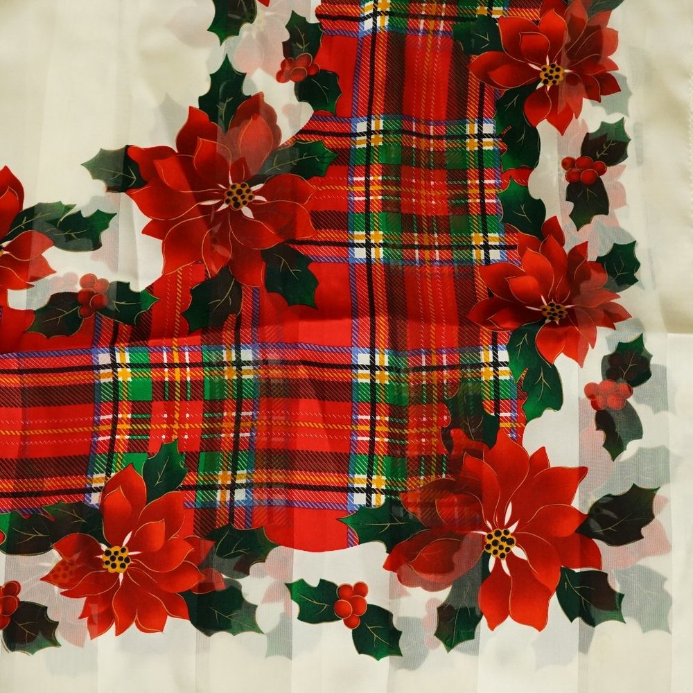 Elaine Gold Collection 100% Silk Red Poinsettia Christmas Scarf Plaid Tartan 30"
